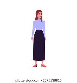 Illustration of sideways character. Woman standing in a row in casual office attire. Flat style illustration