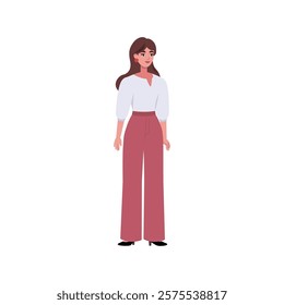 Illustration of sideways character. Woman standing in a row in casual office attire. Flat style illustration