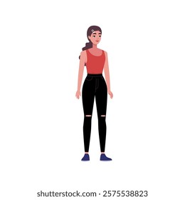 Illustration of sideways character. Woman standing in a row in casual office attire. Flat style illustration