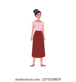 Illustration of sideways character. Woman standing in a row in casual office attire. Flat style illustration