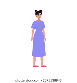 Illustration of sideways character. Woman standing in a row in casual office attire. Flat style illustration