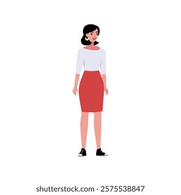 Illustration of sideways character. Woman standing in a row in casual office attire. Flat style illustration