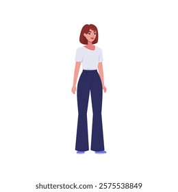 Illustration of sideways character. Woman standing in a row in casual office attire. Flat style illustration