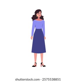 Illustration of sideways character. Woman standing in a row in casual office attire. Flat style illustration