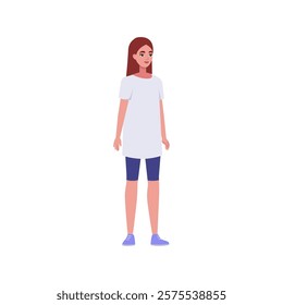 Illustration of sideways character. Woman standing in a row in casual office attire. Flat style illustration