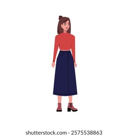 Illustration of sideways character. Woman standing in a row in casual office attire. Flat style illustration