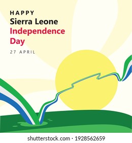 Illustration of Sierra Leone independence day with bright sun, long wavy green, white, and blue flag. Sierra Leone national day vector art.