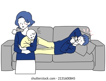 Illustration of a sighing wife with a husband who is indifferent to her child rearing