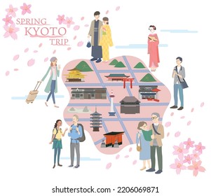 It is an illustration of a sightseeing spot and a person set for a trip to Kyoto in spring.