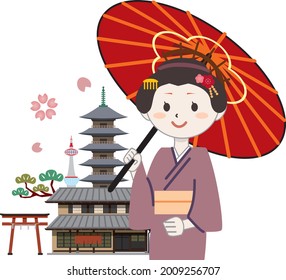 Illustration of sightseeing spots in Kyoto, Japan
