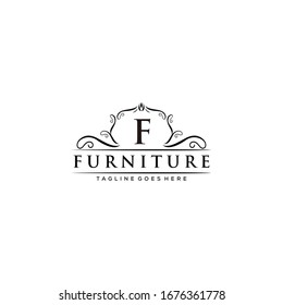 Illustration of sign F with beautiful abstract decorations around it for the luxury home furniture company logo.