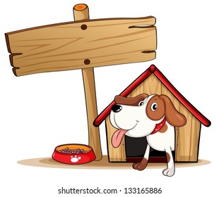 Illustration of a signage beside a doghouse on a white background