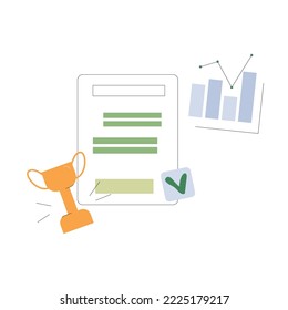 Ilustración de un contrato firmado y una taza de trofeo. El concepto de negocio y éxito. Ilustración del vector
