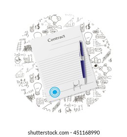 Illustration of signing the contract on the background of a business plan
