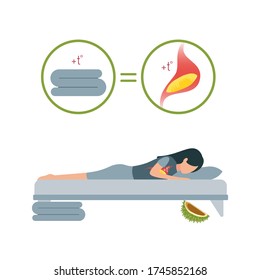 Illustration with signs meaning that taking durian fruit replaces the blanket while sleeping. A woman is sleeping on the bed, after eating durian, under the bed is a blanket