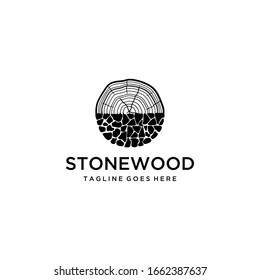 Illustration of signs of pieces of wood combined with stone arrangements to form an abstract wooden trunk.