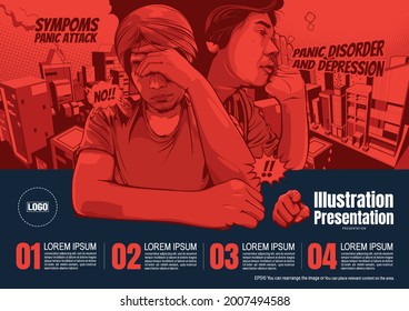 illustration Signs and Symptoms of Social Stress in Men, Depression Anxiety, Bipolar, Panic Disoder, office syndrome on city background, process chart design template for presentation.