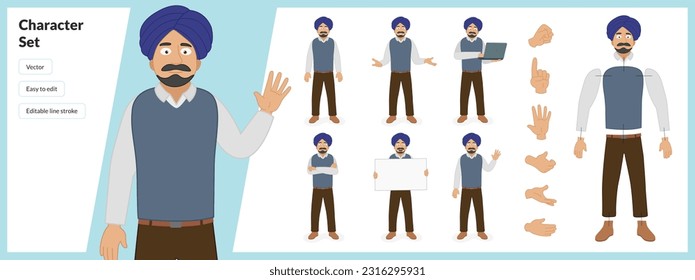 Illustration of Sikh man, wearing business casual clothing with a turban in a set of multiple poses. Easy to edit with editable line strokes and isolated on white background. Suitable for animation.