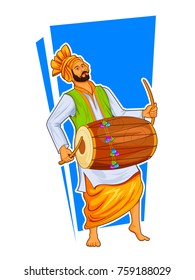 illustration of Sikh Punjabi Sardar playing dhol and dancing bhangra on holiday like Lohri or Vaisakhi