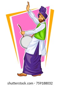 Illustration Of Sikh Punjabi Sardar Playing Dhol And Dancing Bhangra On Holiday Like Lohri Or Vaisakhi