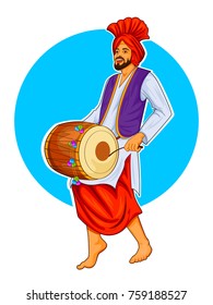 illustration of Sikh Punjabi Sardar playing dhol and dancing bhangra on holiday like Lohri or Vaisakhi