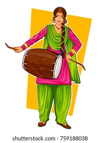 illustration of Sikh Punjabi Sardar woman playing dhol and dancing bhangra on holiday like Lohri or Vaisakhi