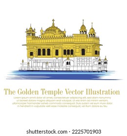 Ilustración del templo Sikh, dibujo vectorial del Templo Dorado, arte de la línea del edificio histórico indio