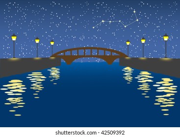 Illustration of a silent night river scene with sky full of stars.