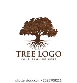 Illustration silhouette abstract oak tree with roots logo design