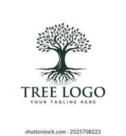 Illustration silhouette abstract oak tree with roots logo design