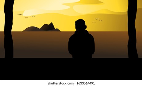 Illustration Silhouette of Alone Boy in the Beach,Landscape