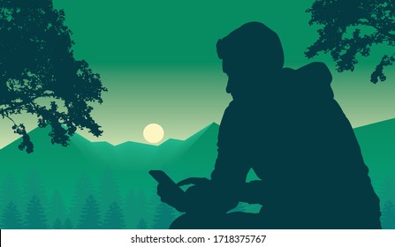 Illustration Silhouette of Alone Boy in the dark green mountain landscape with fog and forest. sunrise and sunset in mountains.Vector illustration.