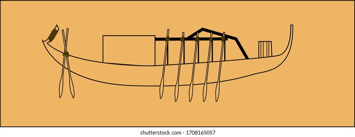 illustration silhouette of an ancient egyptian boat hufu, with primitive oars, on a beige background