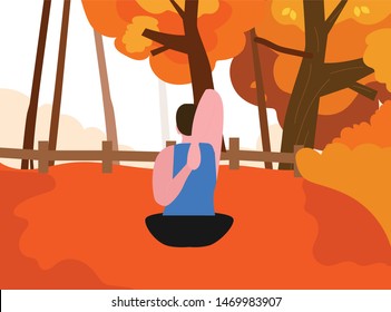 illustration Silhouette of Asian man yoga meditation  in the autumn forest 