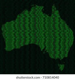 Illustration of silhouette of Australia from binary digits on background of binary digits
