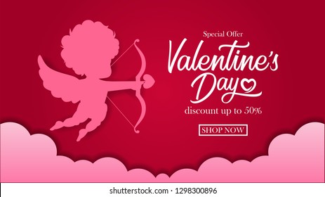 Illustration Of Silhouette Baby Cupid Angel Flying With Arrow And Bow Paper Craft Style With Red Background For Valentine's Day Greeting Card.