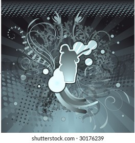 illustration of a silhouette of a bass guitar player in an abstract environmental