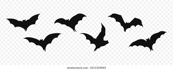  illustration of silhouette bat flying set isolated on transparent background