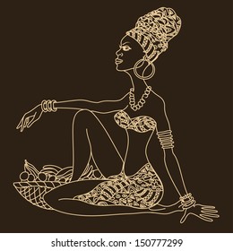 Illustration of silhouette of beautiful African girl with fruit basket