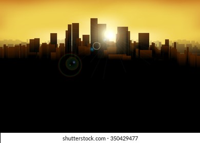 illustration of silhouette of the big city with sunshines