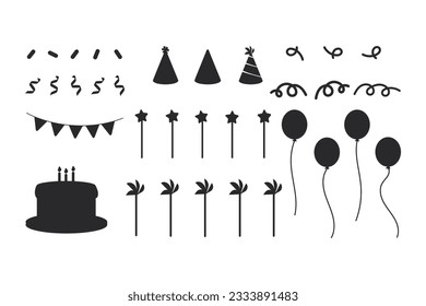   Illustration of silhouette birthday party vector set. Element for fun anniversary day celebrate,  gift; balloon, cake, party hat; candle; isolated on white. 