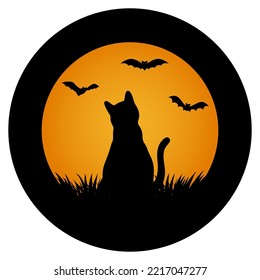 Illustration of the silhouette of a black cat on the background of the moon with bats
