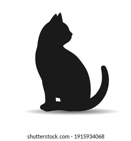 illustration of a silhouette of a black cat with shadow on a white background