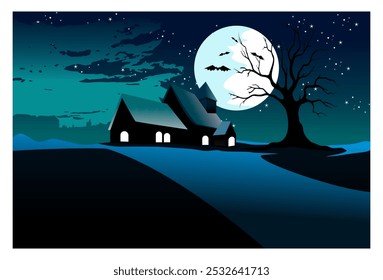 illustration of a silhouette of a blue sky view with a castle and the moon in the sky. suitable for backgrounds, covers, advertisements, wall decorations.