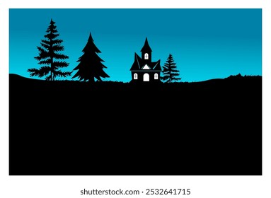 illustration of a silhouette of a blue sky view with a castle and the moon in the sky. suitable for backgrounds, covers, advertisements, wall decorations.