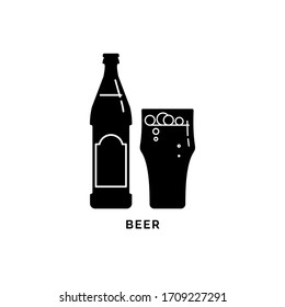 Illustration with silhouette bottle and glass beer. Isolated object. Alcohol beverage label. White background. Design concept party, celebration. Modern sign. Vector
