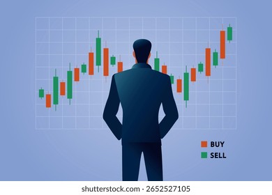 An illustration of a silhouette of a businessman looking at a financial chart ,candlestick graph, with BUY and SELL indicators, representing stock market analysis or investment strategy. Vector, flat.
