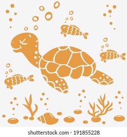 illustration silhouette cartoon cute and funny turtle and fish