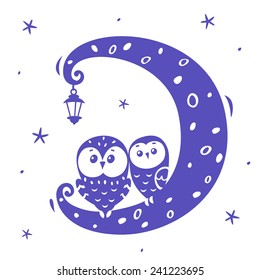 illustration silhouette cartoon cute and funny owls on the moon