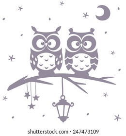 illustration silhouette cartoon cute and funny owls sitting on a branch